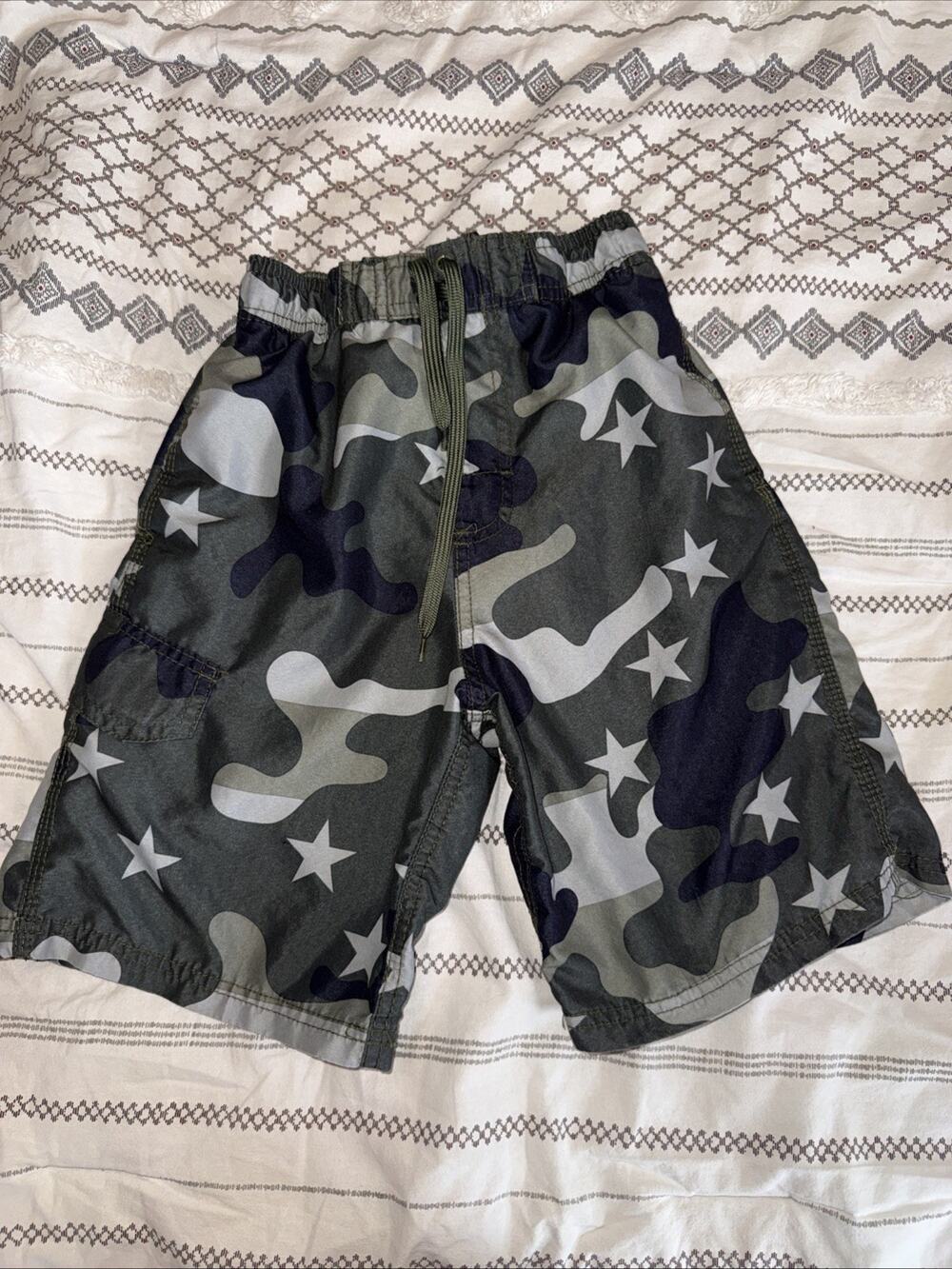 Kanu Surf Avalon Trunks Boys SMALL 8 Army Green Camo Swim Beach Quick Dry EUC
